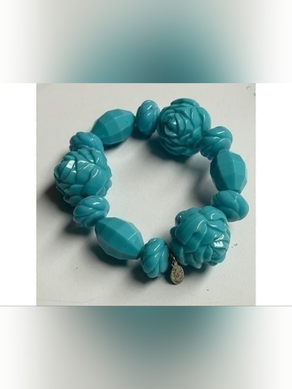 Vintage 90's Tarina Tarantino Turquoise Lucite Floral Beaded Bracelet, Signed